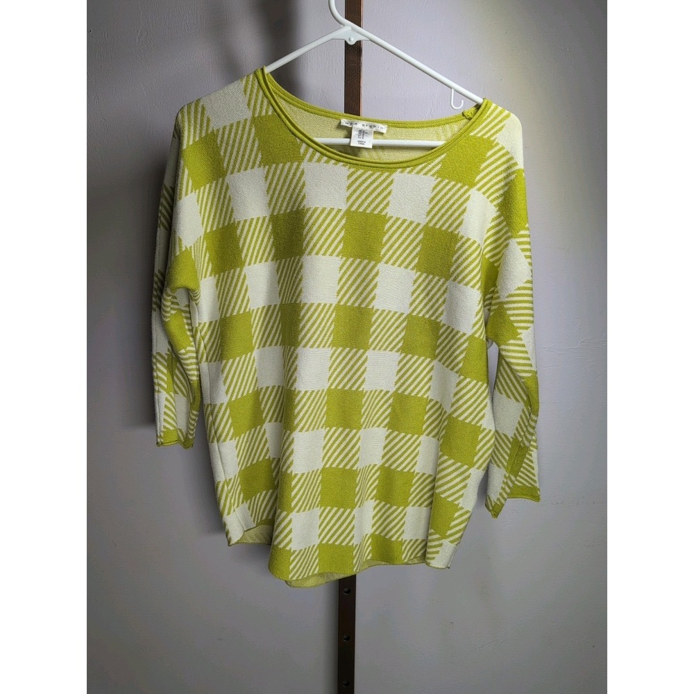 Max Studio Women Green‎ Plaid 3/4 Sleeve Pullover Tunic Hemline Sweater Medium